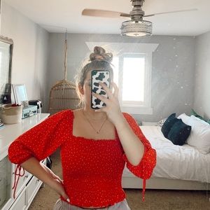 Red Polka Dot Square Neck Blouse